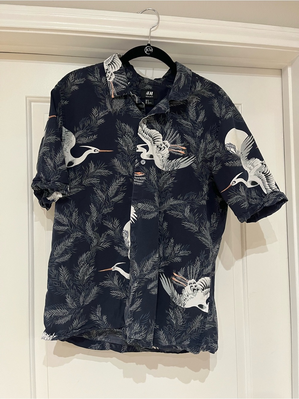 H&M Navy Short-Sleeve Button-Down with White Crane Print